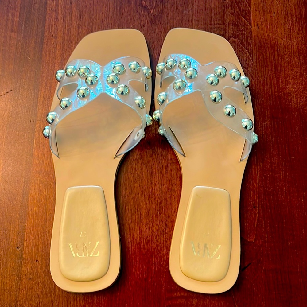 Zara Clear strap flat  sandals with gold balls